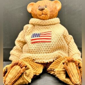Wooden Bear with American Flag Sweater